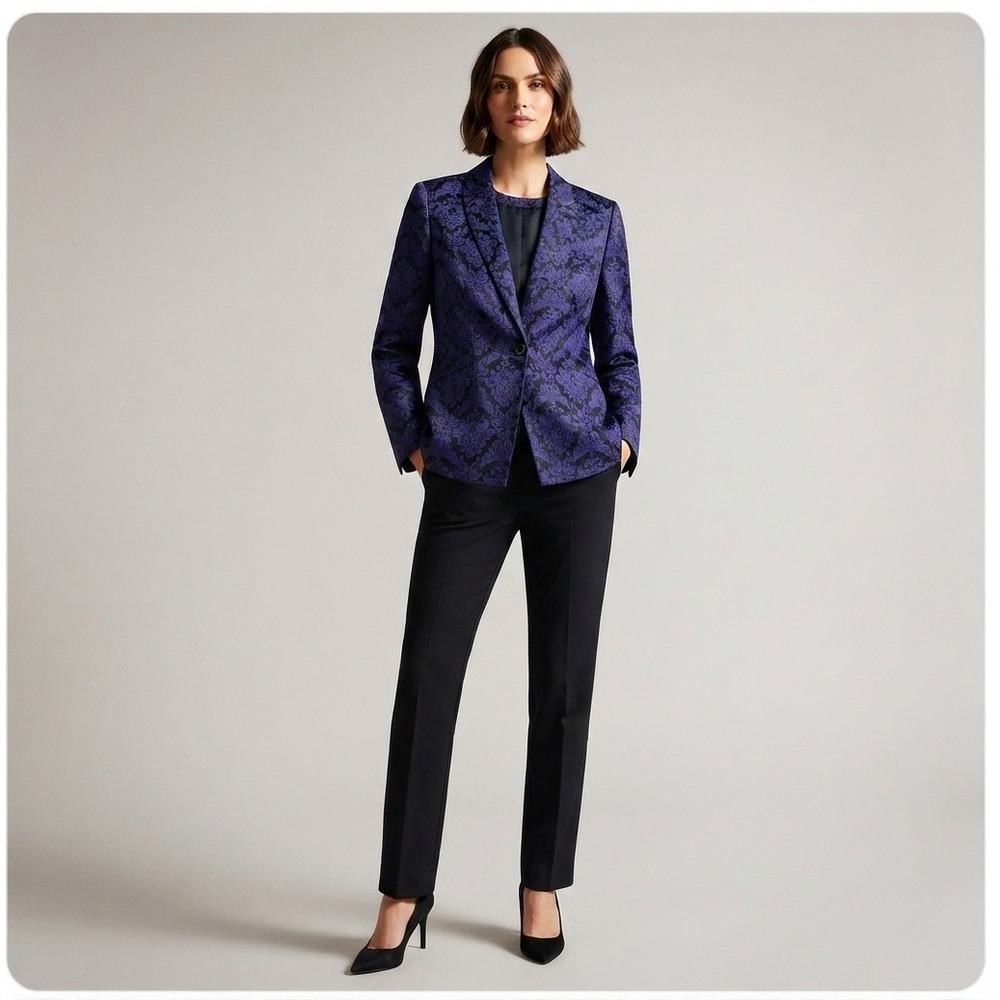 Ted Baker Purple Black Jacquard Damask Formal Blazer Size 5 US 12 Large